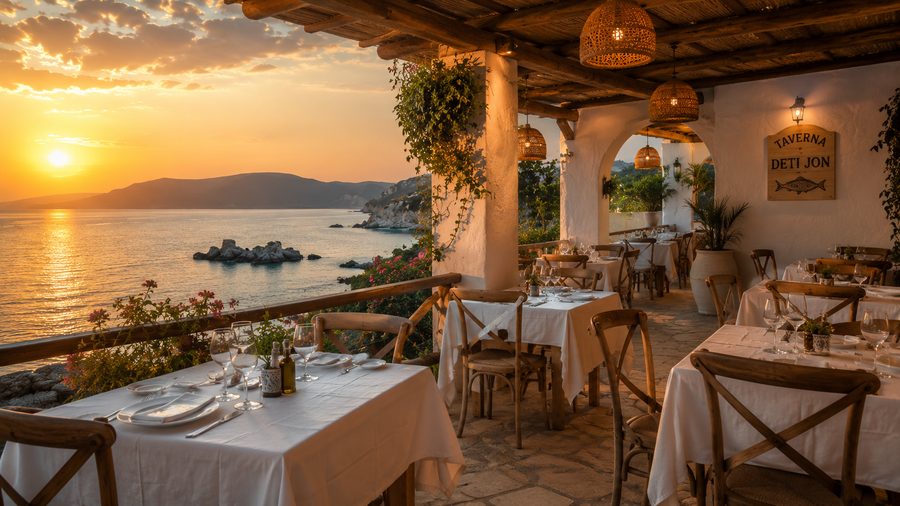Albanian restaurant at sunset