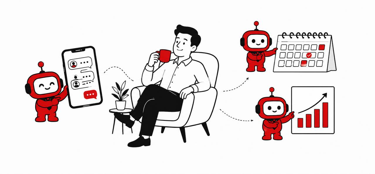 Business owner relaxing while AI bots handle bookings, chats and growth